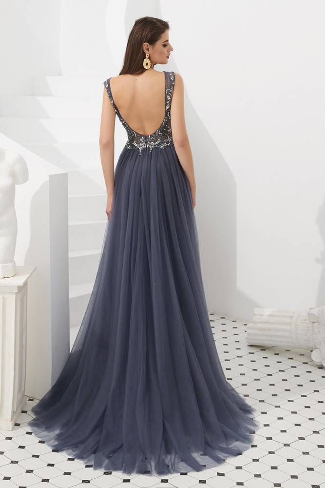 V-Neck Backless Beaded Appliques Formal Prom Dress With Train