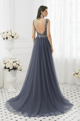 V-Neck Backless Beaded Appliques Formal Prom Dress With Train