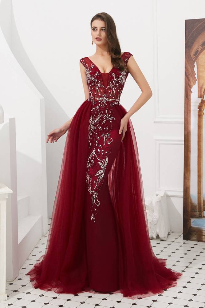 V-Neck Backless Beaded Appliques Formal Prom Dress With Train