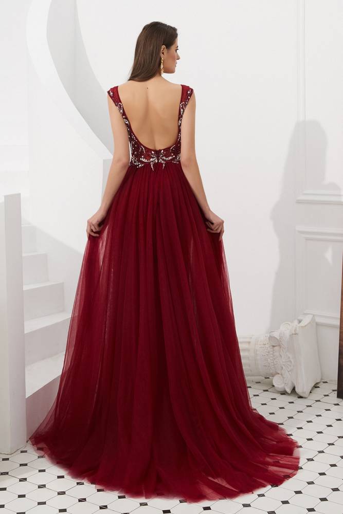 V-Neck Backless Beaded Appliques Formal Prom Dress With Train