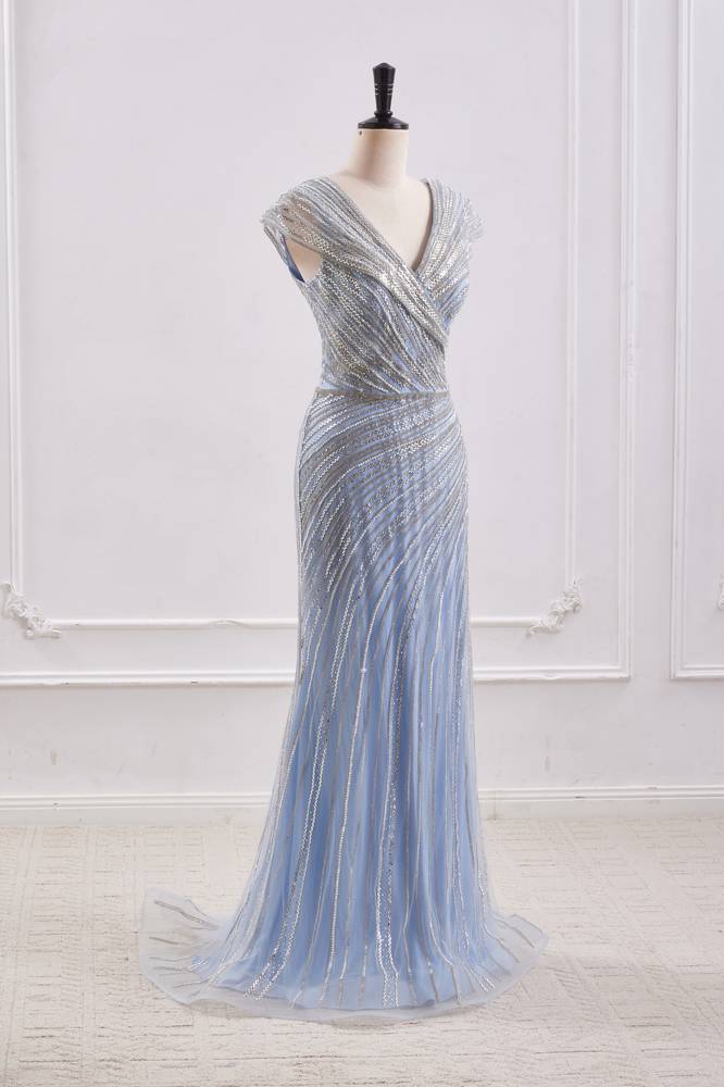 V-Neck Empire Sleeveless Sparkly Beaded Prom Party Dress