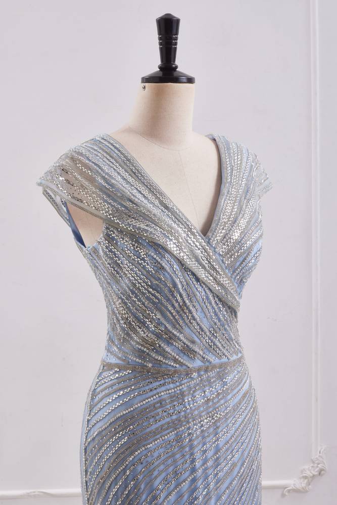 V-Neck Empire Sleeveless Sparkly Beaded Prom Party Dress