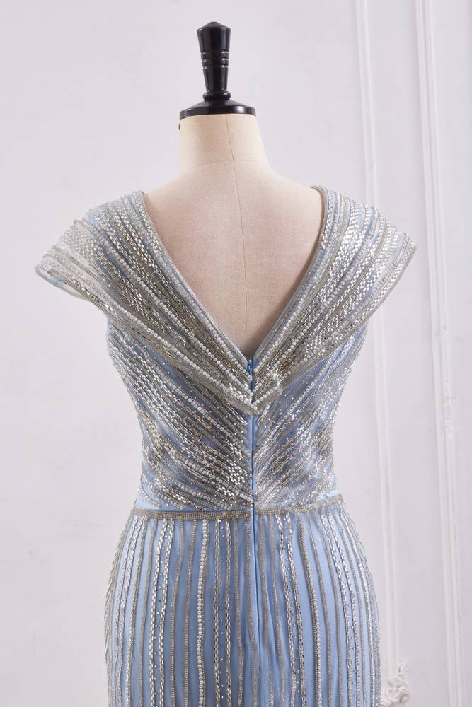 V-Neck Empire Sleeveless Sparkly Beaded Prom Party Dress