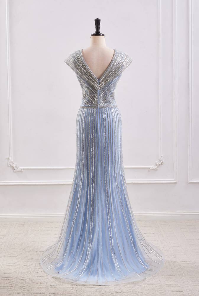 V-Neck Empire Sleeveless Sparkly Beaded Prom Party Dress