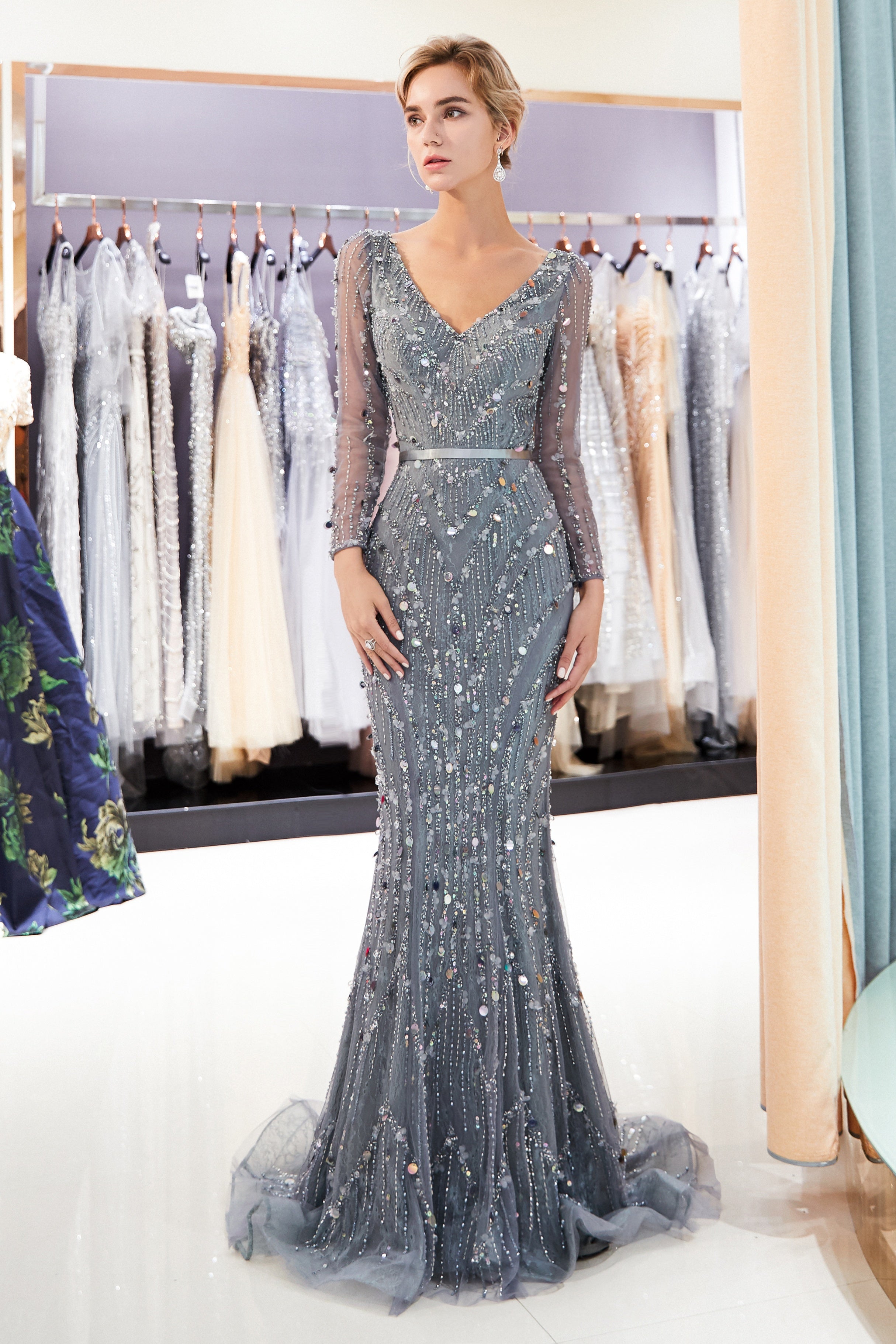 V-Neck Long Sleeves Mermaid Prom Dress With Beaded And Sequins 