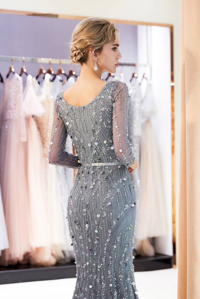 V-Neck Long Sleeves Mermaid Prom Dress With Beaded And Sequins 