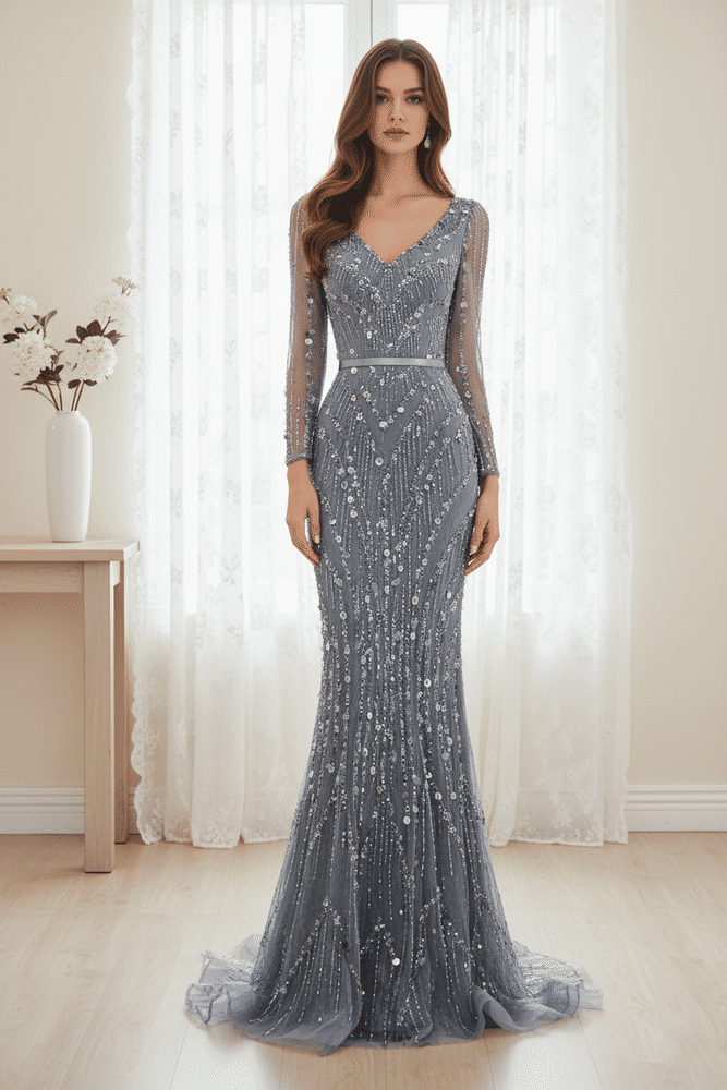 V-Neck Long Sleeves Mermaid Prom Dress With Beaded And Sequins 