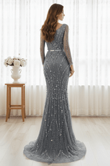 V-Neck Long Sleeves Mermaid Prom Dress With Beaded And Sequins 