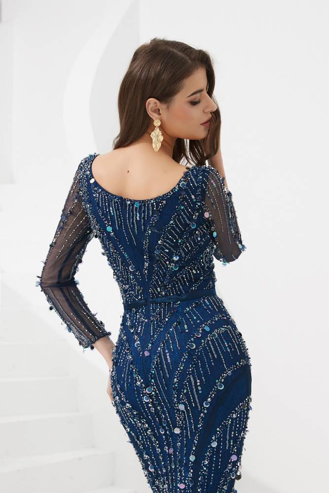 V-Neck Long Sleeves Mermaid Prom Dress With Beaded And Sequins 