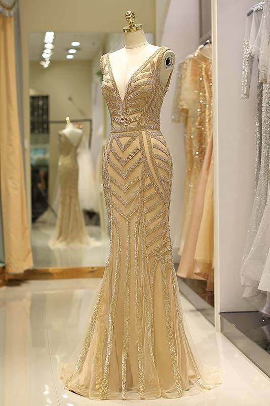 V-Neck Sleeveless Empire Beaded Mermaid Tulle Party Prom Dress