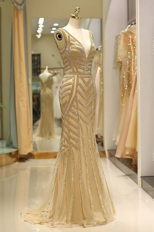 V-Neck Sleeveless Empire Beaded Mermaid Tulle Party Prom Dress