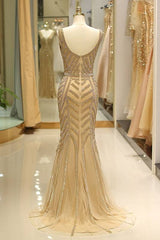 V-Neck Sleeveless Empire Beaded Mermaid Tulle Party Prom Dress