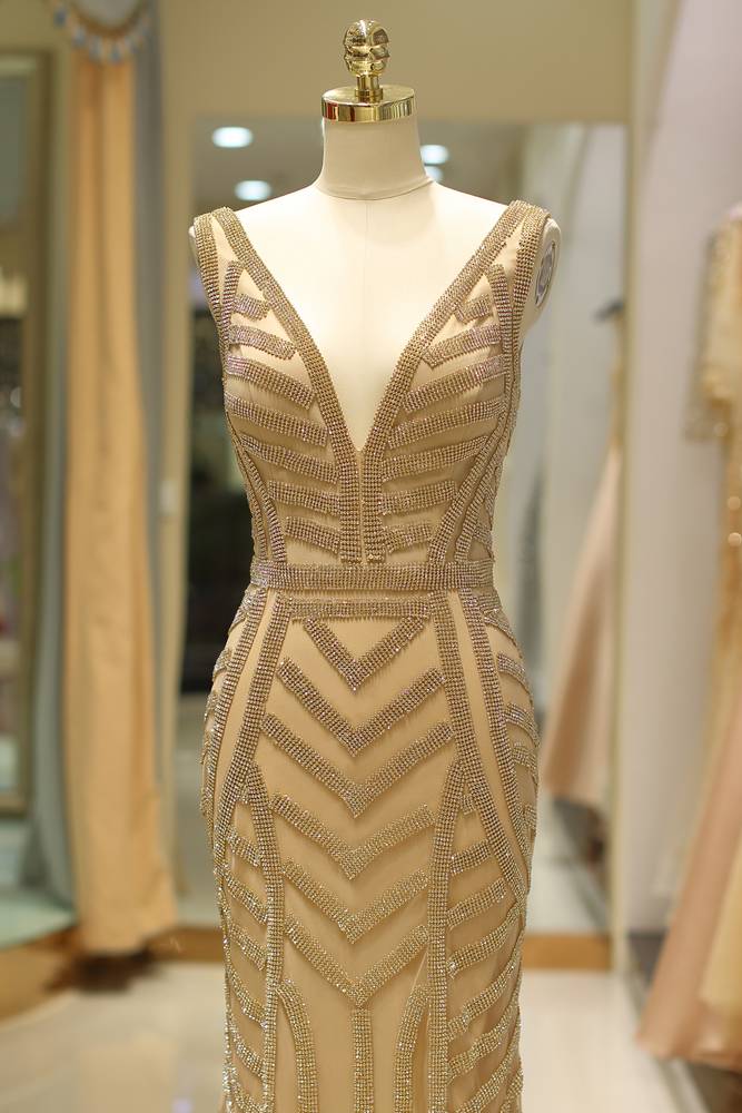 V-Neck Sleeveless Empire Beaded Mermaid Tulle Party Prom Dress