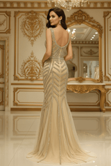 V-Neck Sleeveless Empire Beaded Mermaid Tulle Party Prom Dress