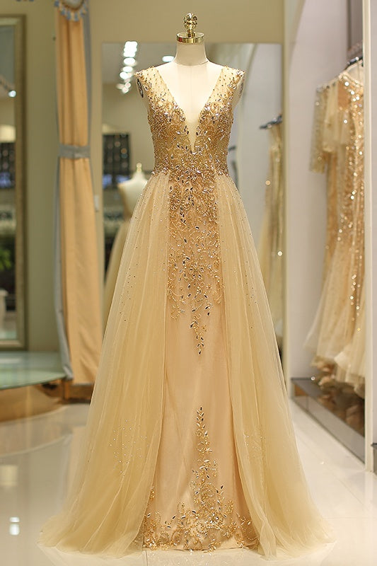 V-Neck Sleeveless Open Back Beaded Floor-Length Party Prom Dress