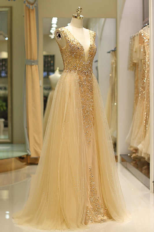 V-Neck Sleeveless Open Back Beaded Floor-Length Party Prom Dress