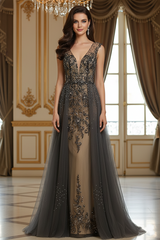 V-Neck Sleeveless Open Back Beaded Floor-Length Party Prom Dress