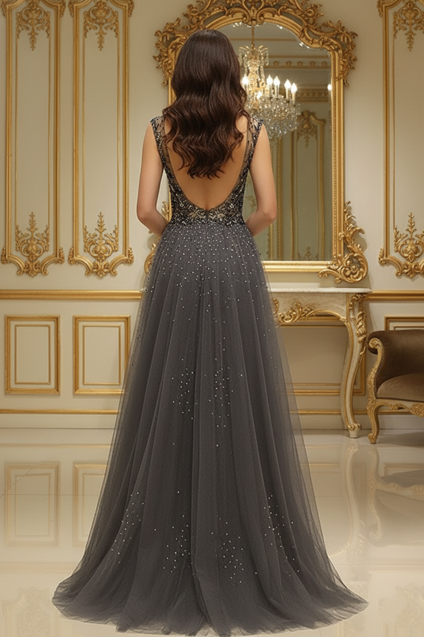 V-Neck Sleeveless Open Back Beaded Floor-Length Party Prom Dress