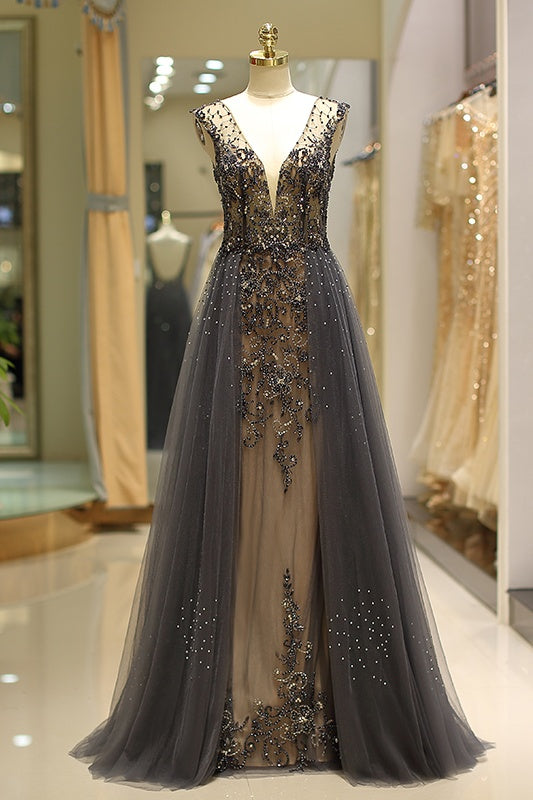 V-Neck Sleeveless Open Back Beaded Floor-Length Party Prom Dress