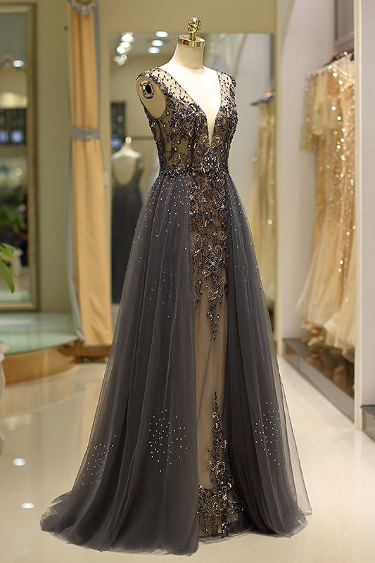 V-Neck Sleeveless Open Back Beaded Floor-Length Party Prom Dress