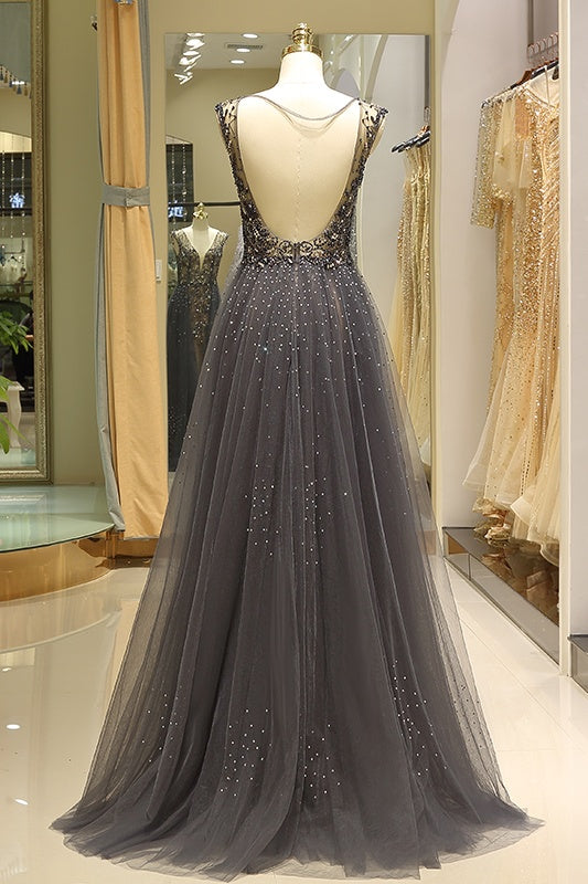 V-Neck Sleeveless Open Back Beaded Floor-Length Party Prom Dress