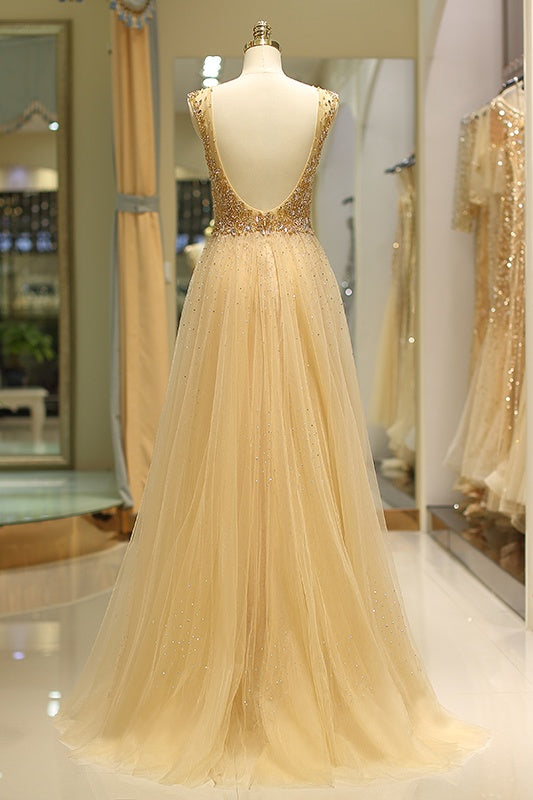 V-Neck Sleeveless Open Back Beaded Floor-Length Party Prom Dress