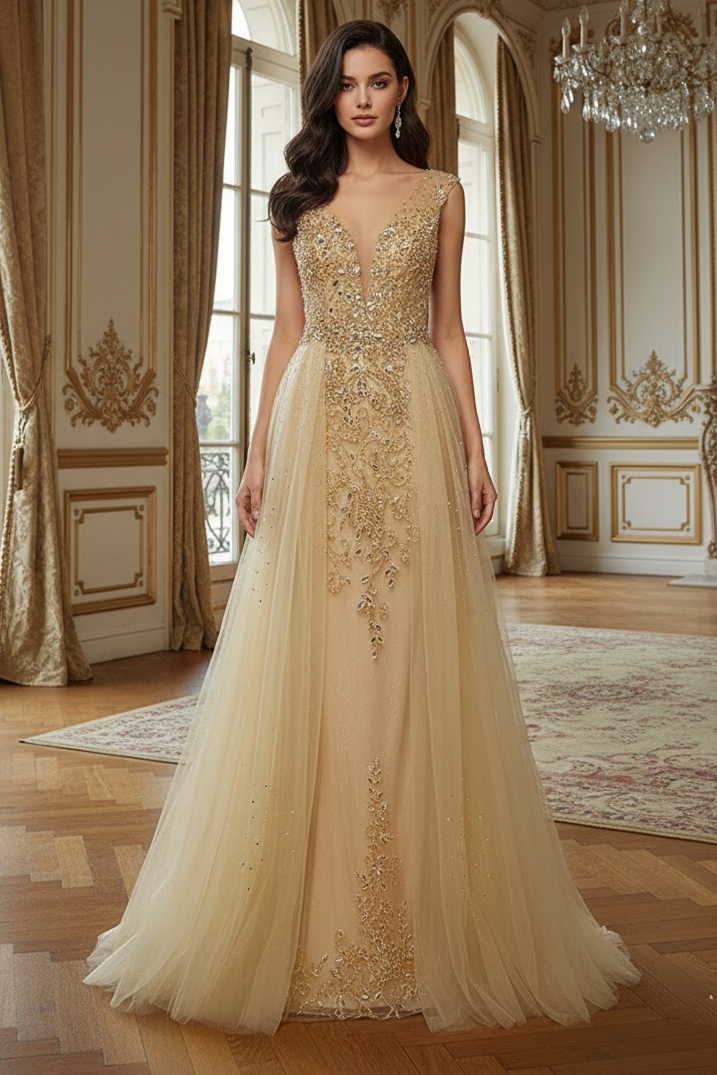 V-Neck Sleeveless Open Back Beaded Floor-Length Party Prom Dress