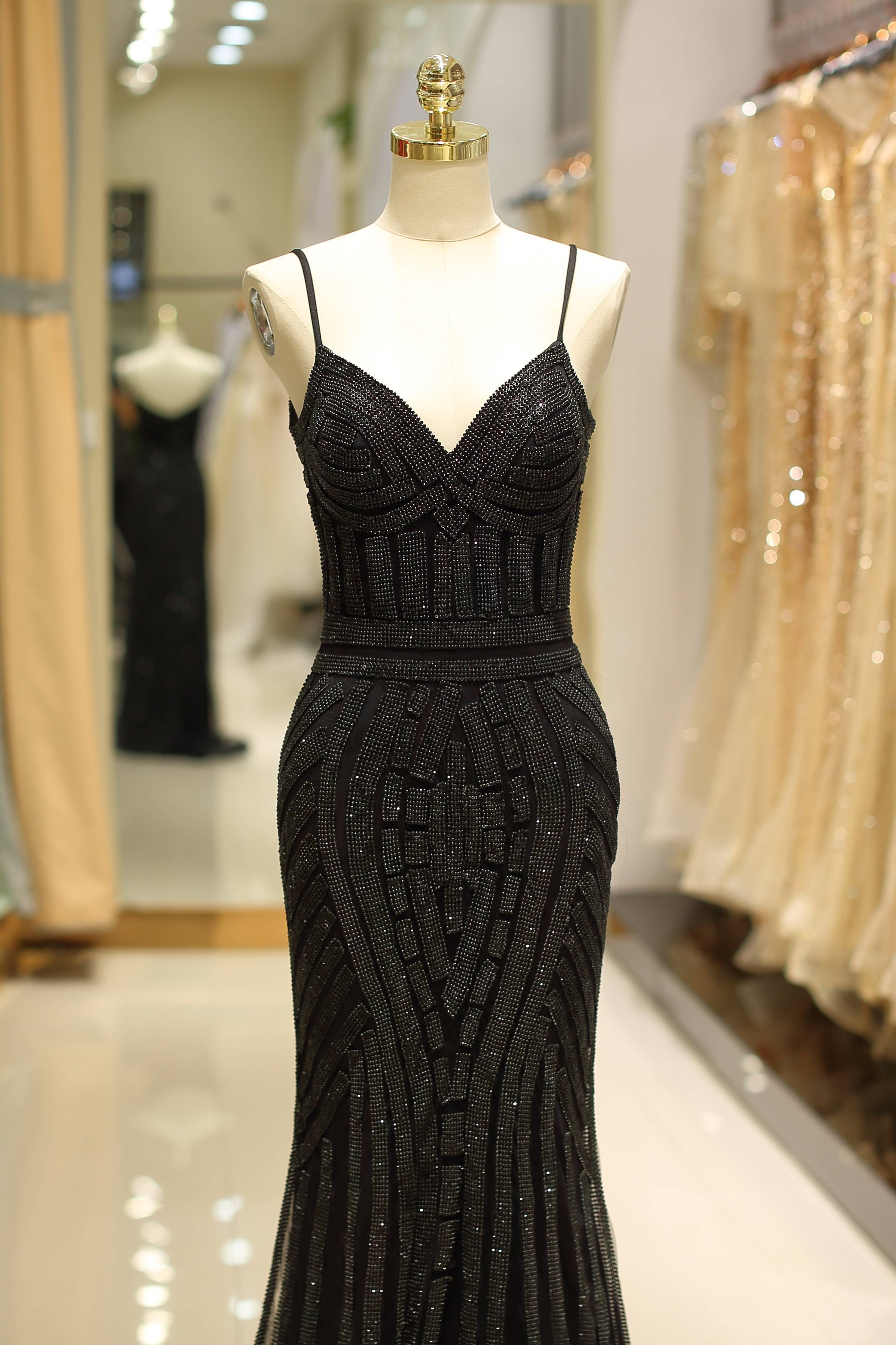 V-Neck Spaghetti Straps Beaded Appliques Sparkly Mermaid Party Prom Dress 