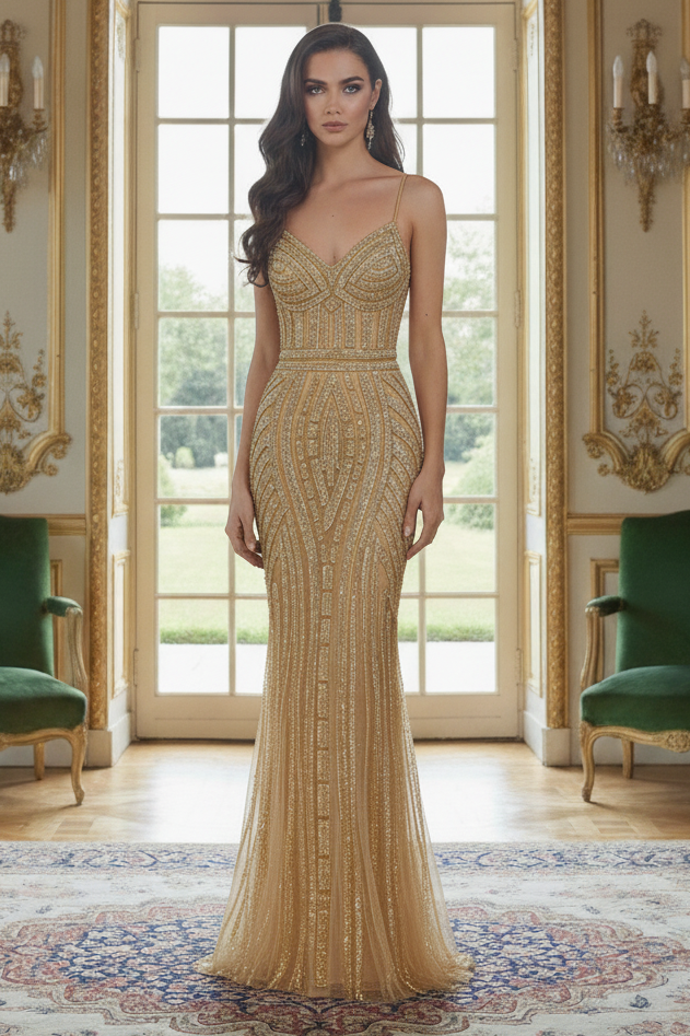 V-Neck Spaghetti Straps Beaded Appliques Sparkly Mermaid Party Prom Dress 