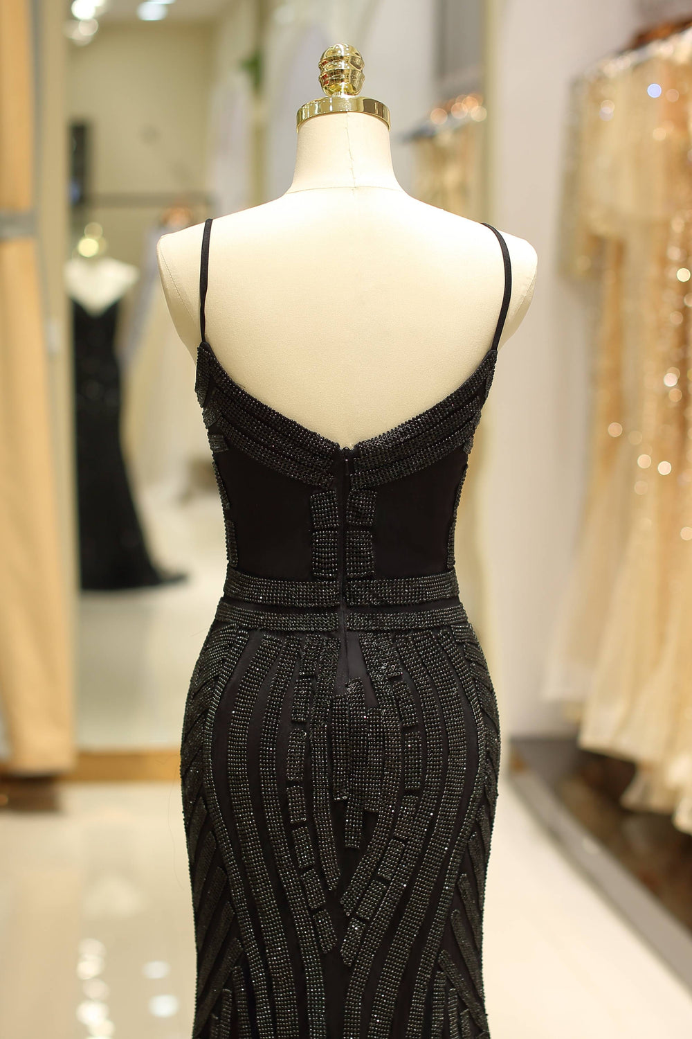 V-Neck Spaghetti Straps Beaded Appliques Sparkly Mermaid Party Prom Dress 