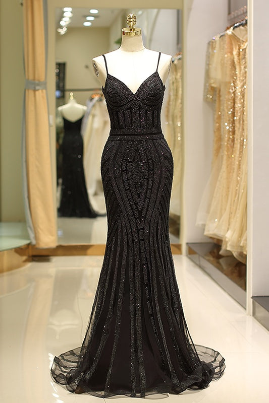 V-Neck Spaghetti Straps Beaded Appliques Sparkly Mermaid Party Prom Dress
