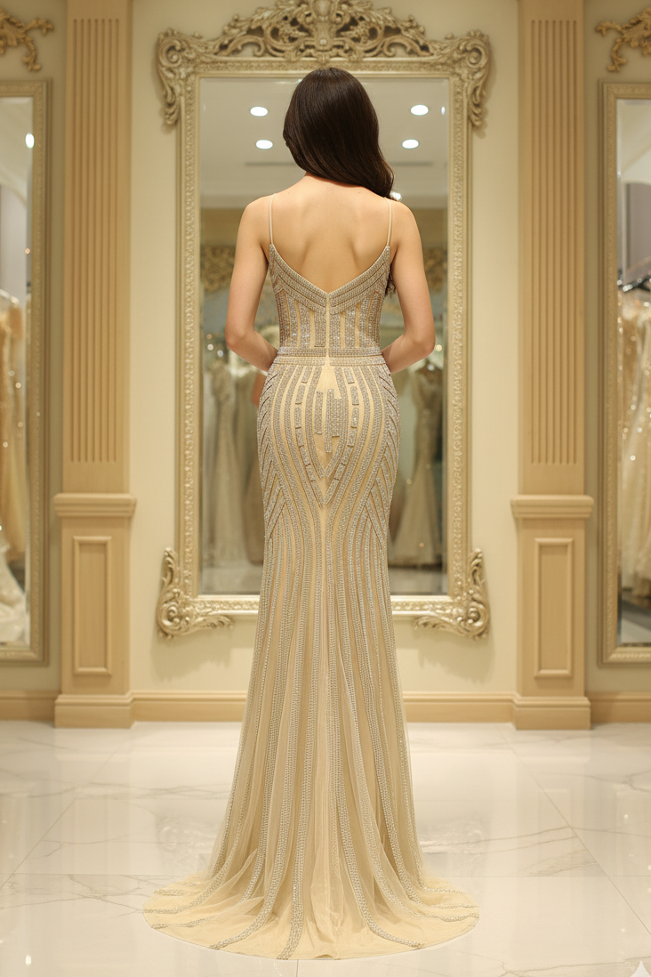 V-Neck Spaghetti Straps Beaded Appliques Sparkly Mermaid Party Prom Dress 