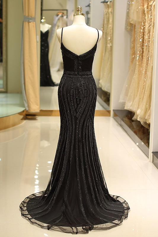 V-Neck Spaghetti Straps Beaded Appliques Sparkly Mermaid Party Prom Dress