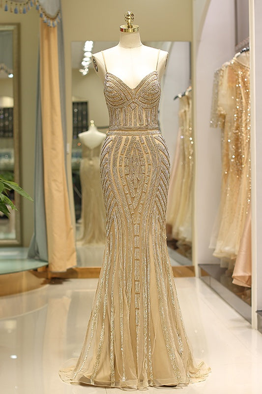 V-Neck Spaghetti Straps Beaded Appliques Sparkly Mermaid Party Prom Dress