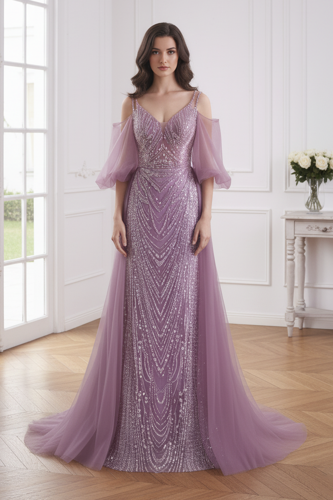 V-Neck Spaghetti Straps Mermaid Party Prom Dress With Train