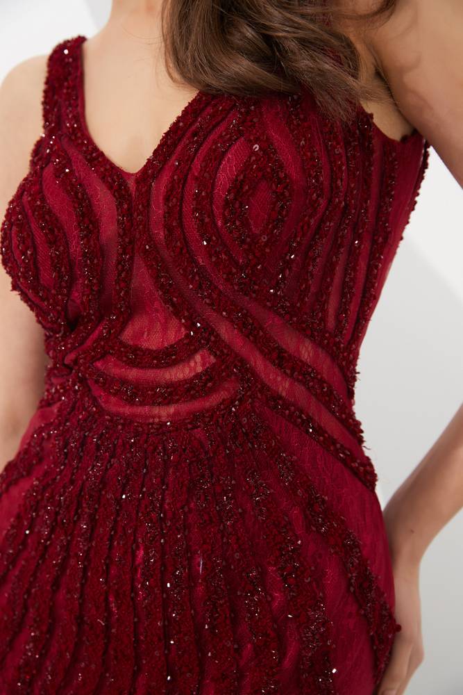 Win Red Sparkly Mermaid V-Neck Beaded Party Prom Dress