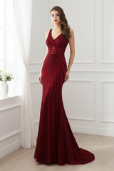 Win Red Sparkly Mermaid V-Neck Beaded Party Prom Dress