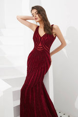 Win Red Sparkly Mermaid V-Neck Beaded Party Prom Dress